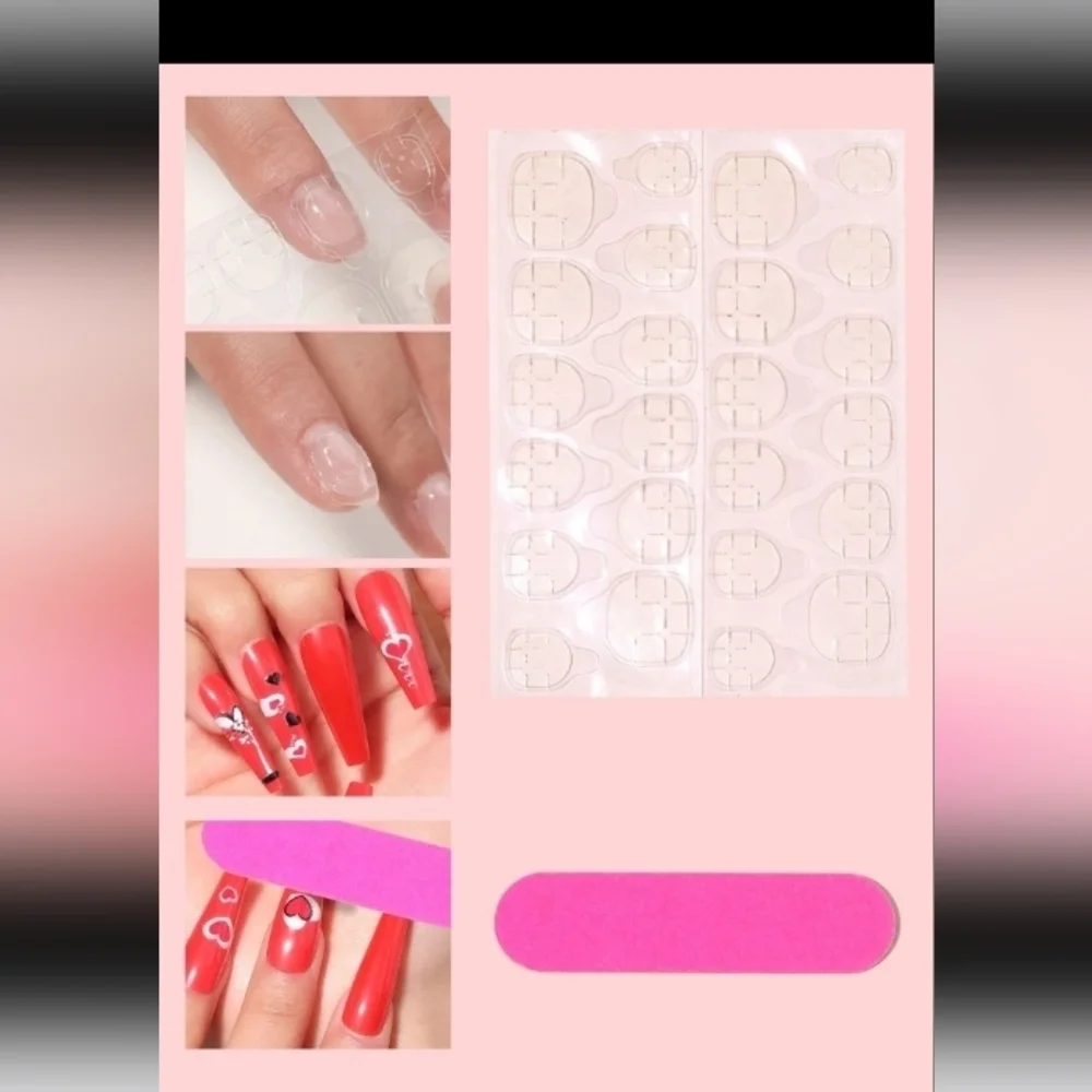 24PCS Heart Pattern Fake Nail & 1sheet Tape & 1pc Nail File